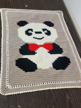 Hand made knit Panda Bear Baby blanket Crib